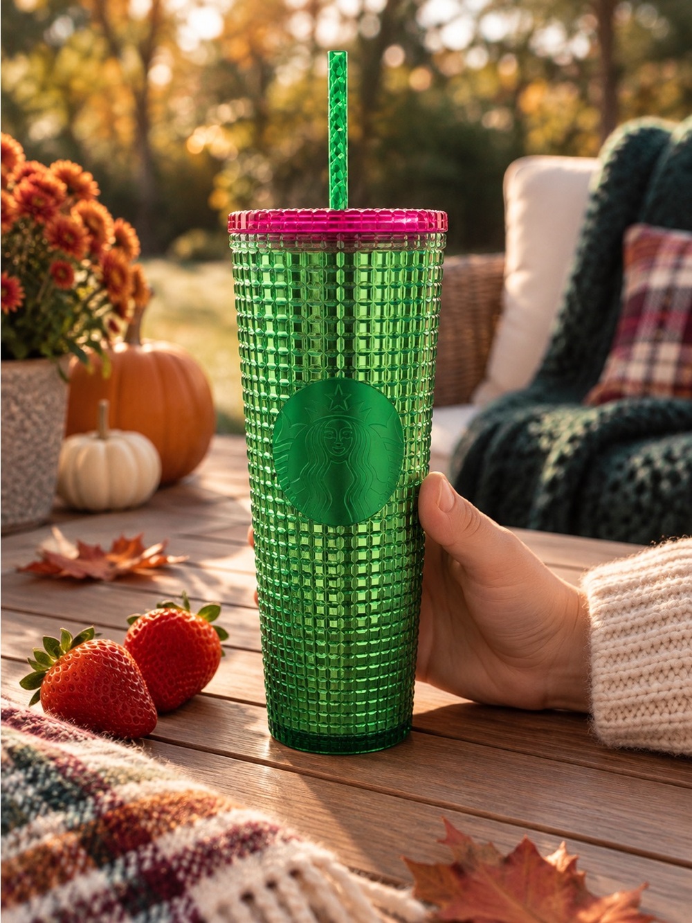 NEW Starbucks 24 oz Cold Drink Tumbler with Straw Green Red NWT